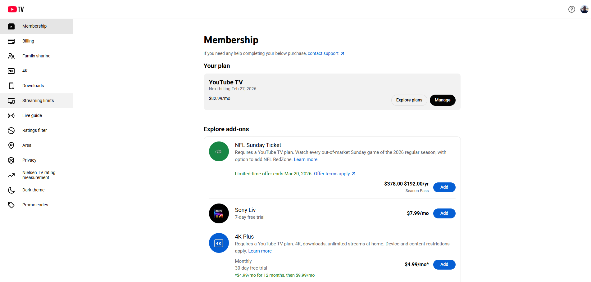 Page d'abonnement à YouTube TV
