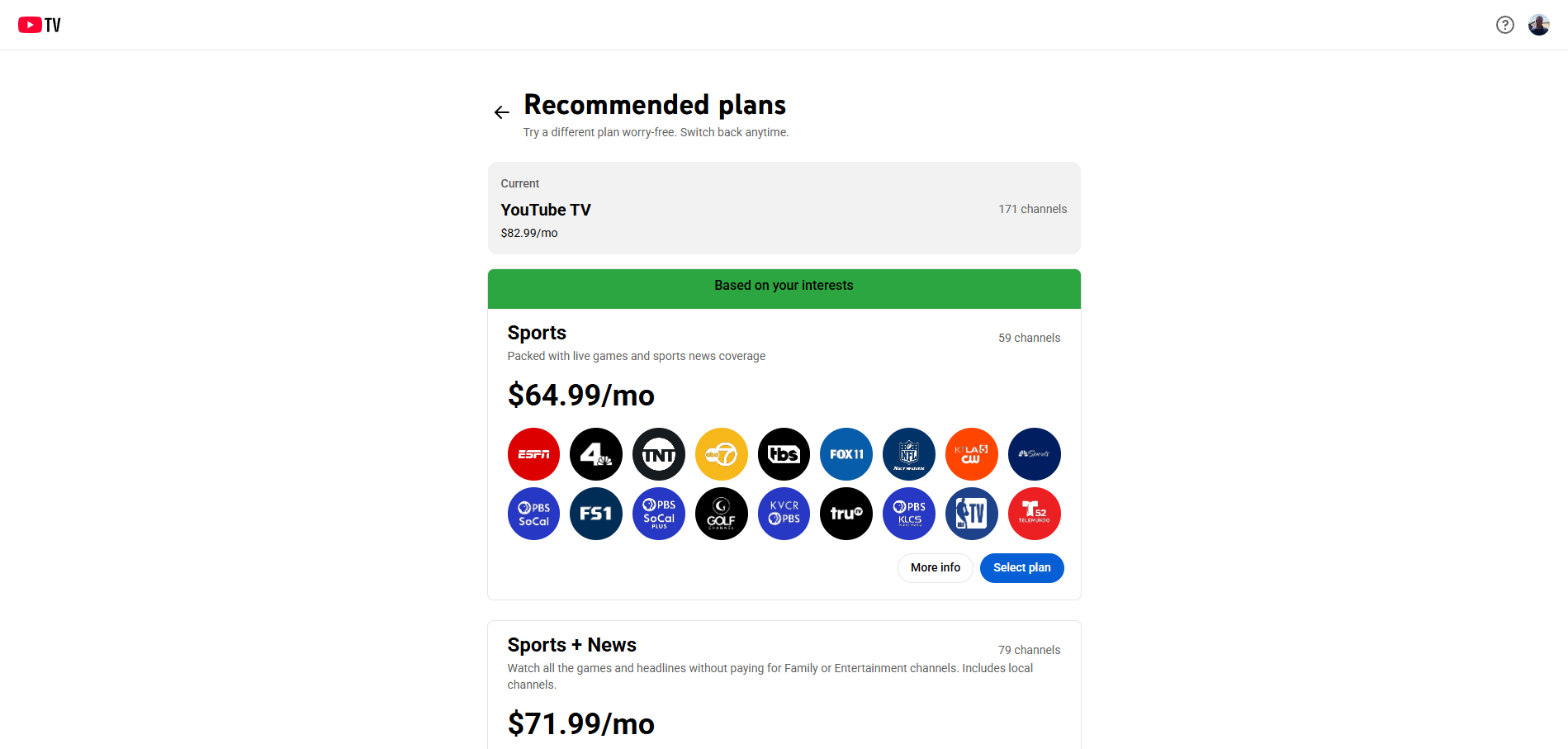 Forfaits recommandés par YouTube TV