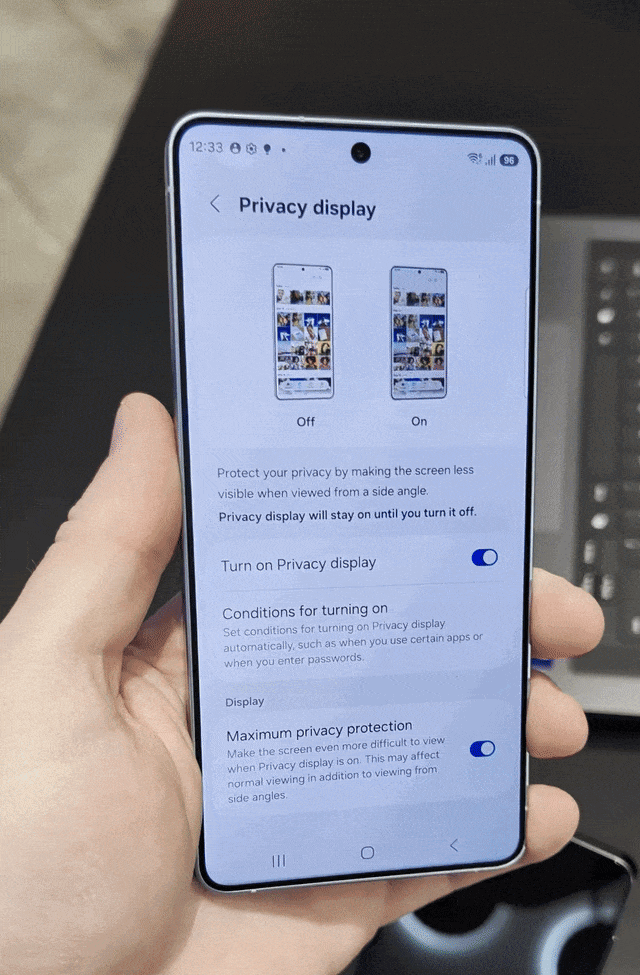 Samsung Galaxy S26 Ultra pratique avec écran de confidentialité