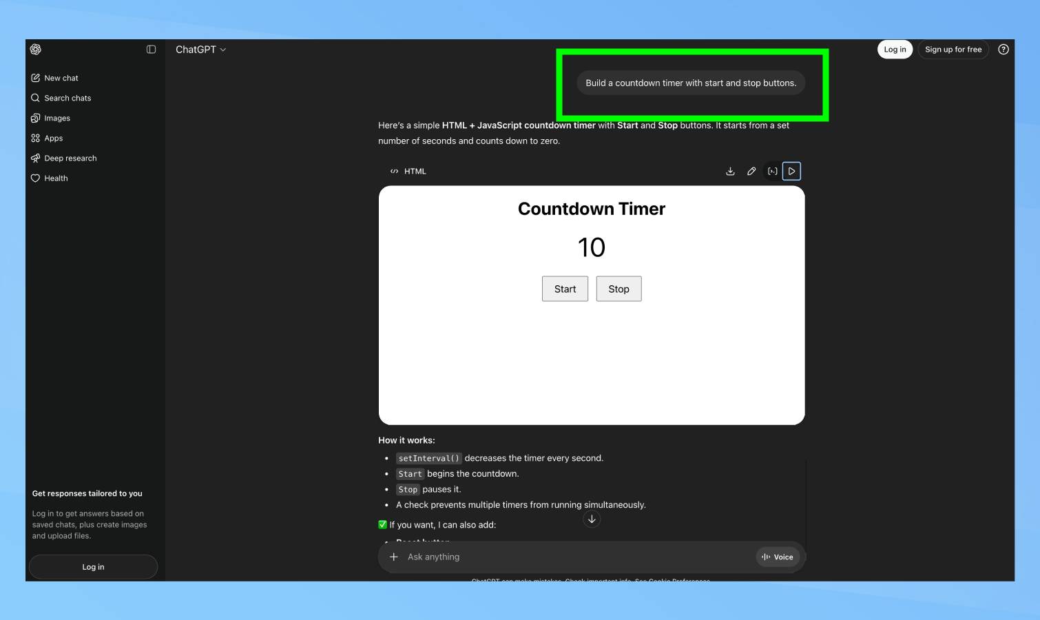 Invite de codage Vibe dans ChatGPT