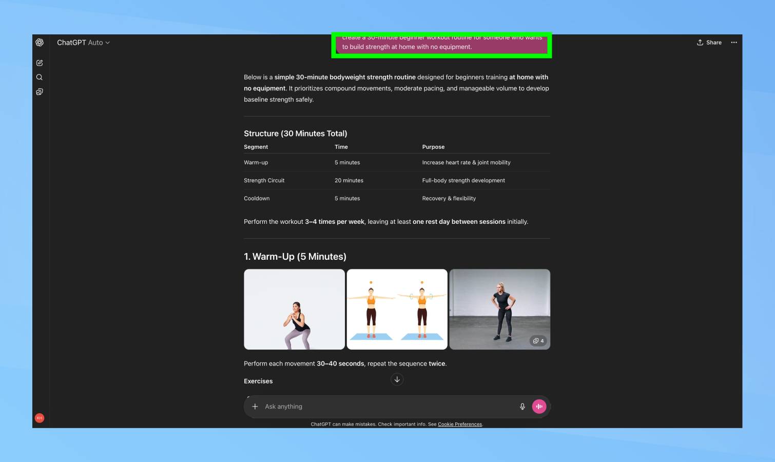 Invite du plan d'entraînement ChatGPT