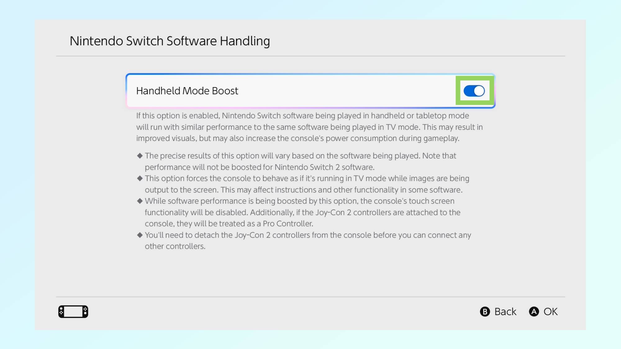 Image montrant comment activer le mode Handheld Boost sur Nintendo Switch 2