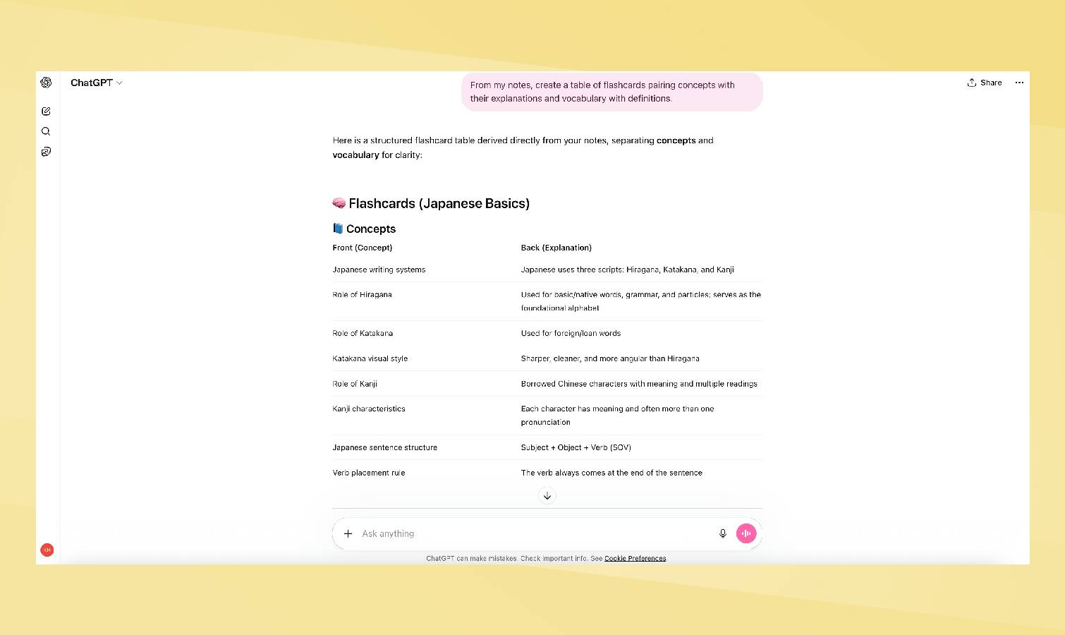 Invite des flashcards ChatGPT