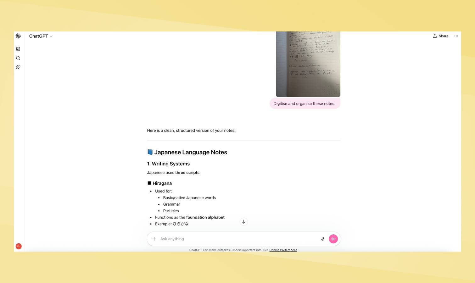 Invite de numérisation des notes ChatGPT