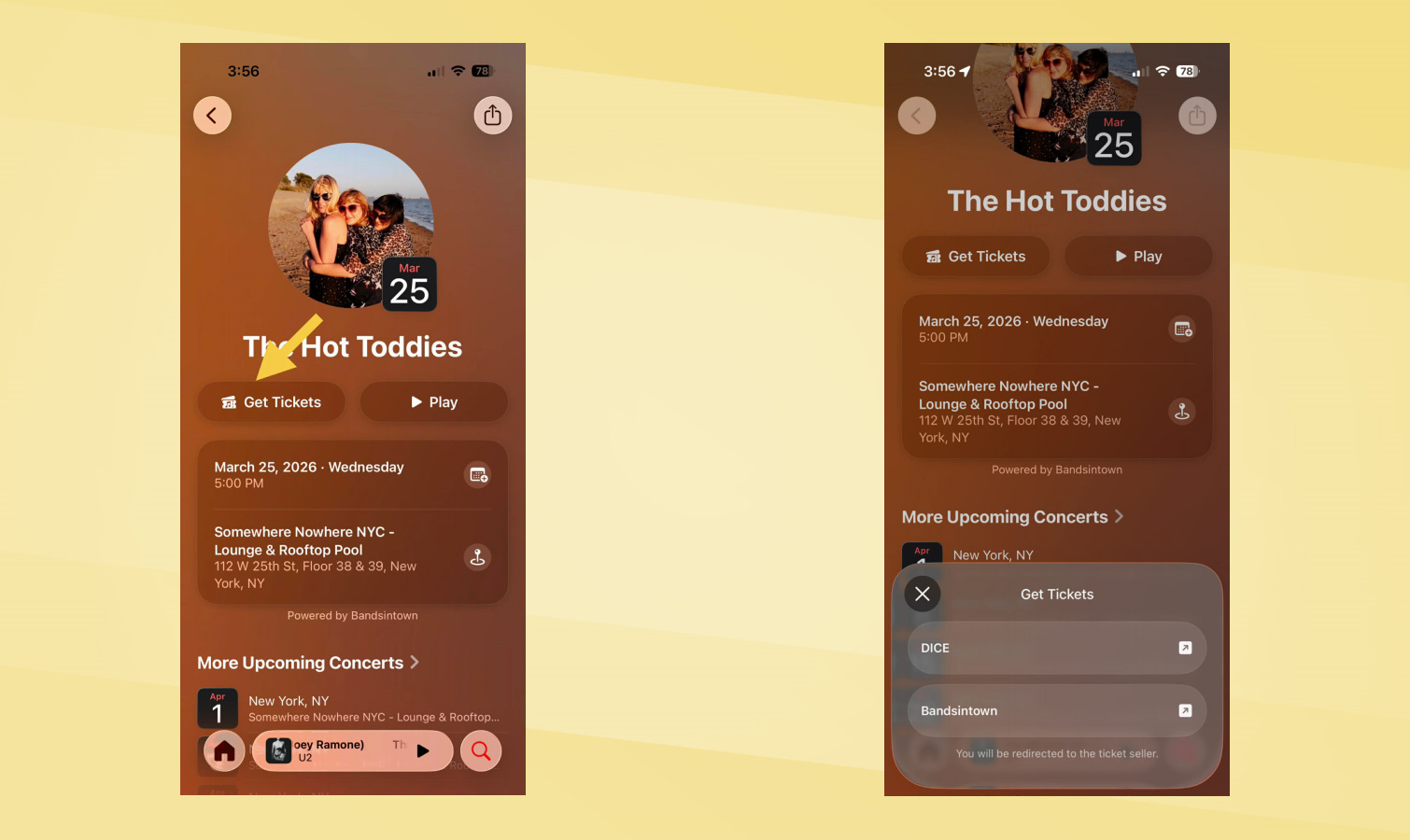 Captures d'écran de recherche de concerts iOS 26.4.