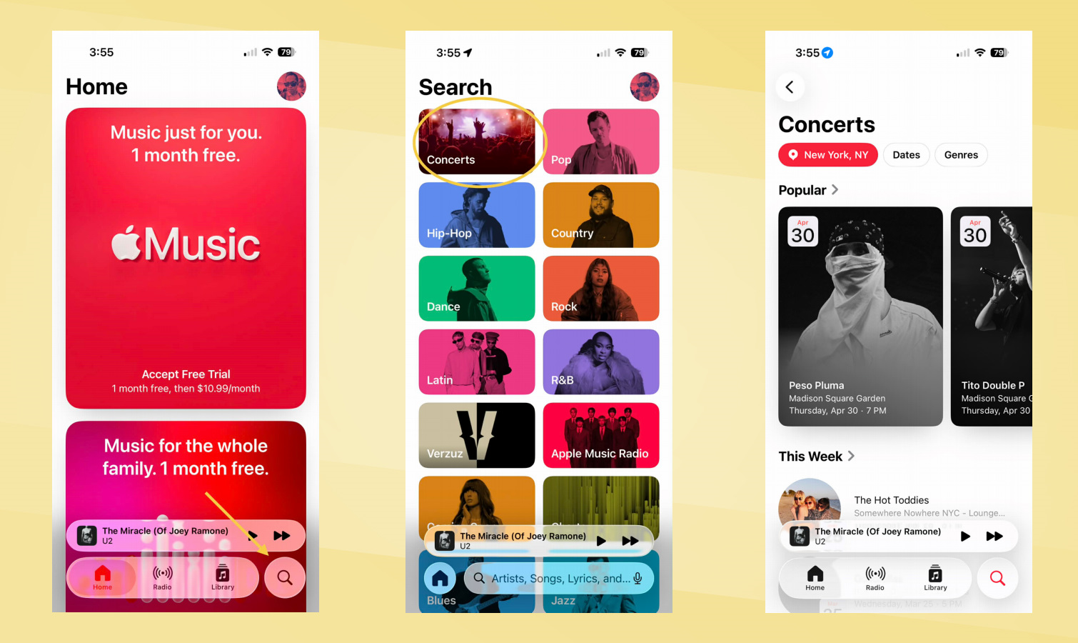 Captures d'écran de recherche de concerts iOS 26.4.