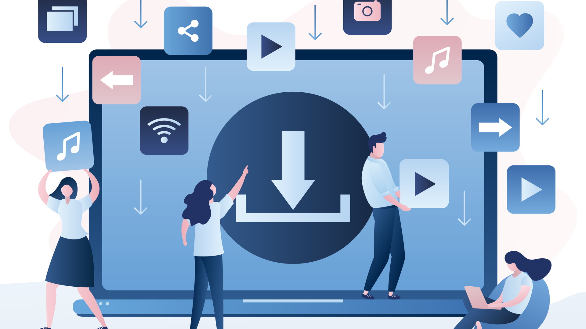 Illustration moderne dans le style Corporate Memphis représentant les personnes téléchargeant des fichiers et des médias