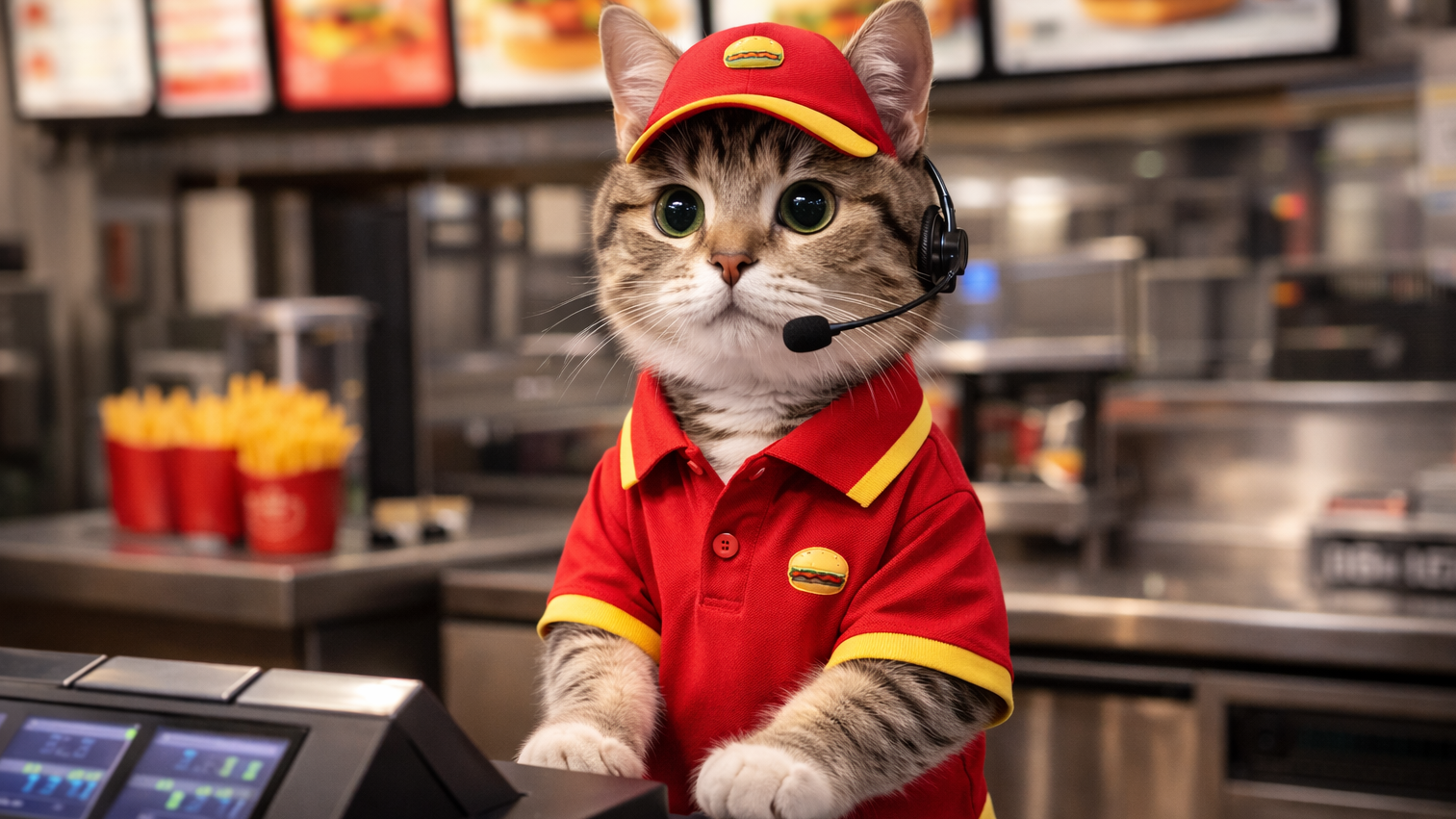 Image IA d'un chat travaillant dans un fast-food