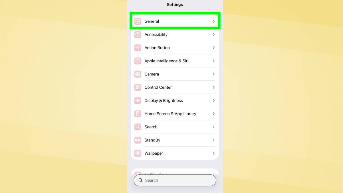 Général mis en évidence dans Paramètres sur iPhone
