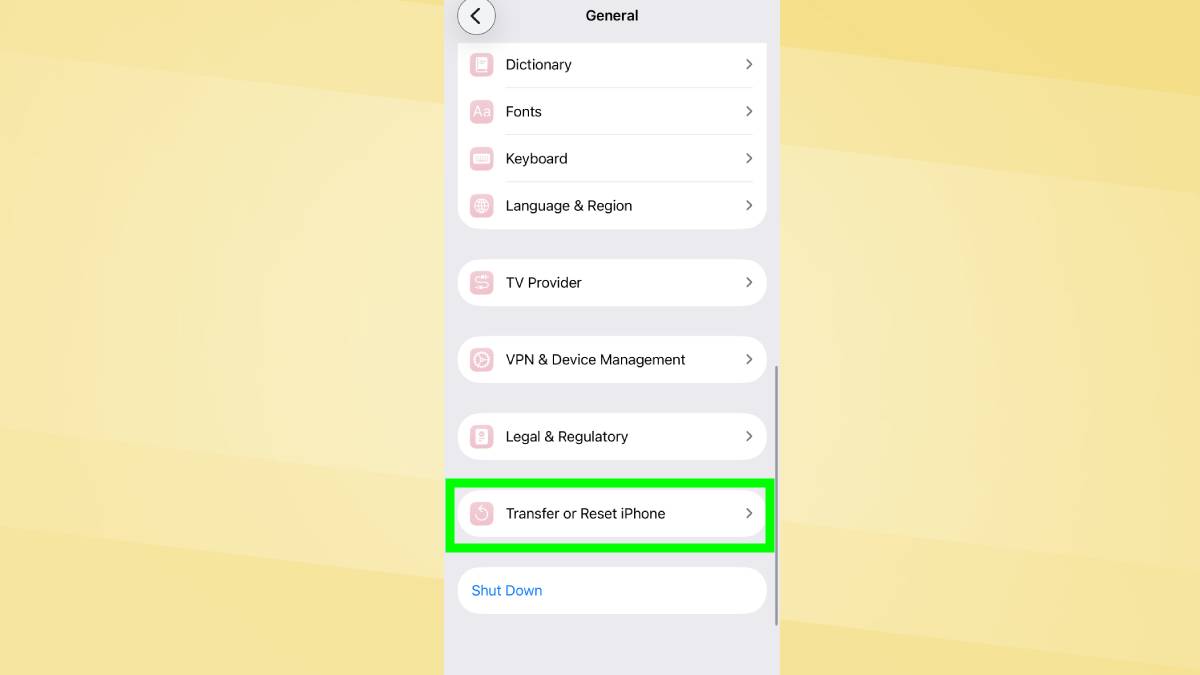 Transférer ou réinitialiser l'iPhone mis en évidence sur l'iPhone