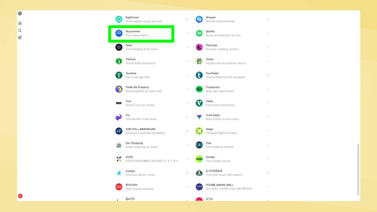 Application Skyscanner dans ChatGPT