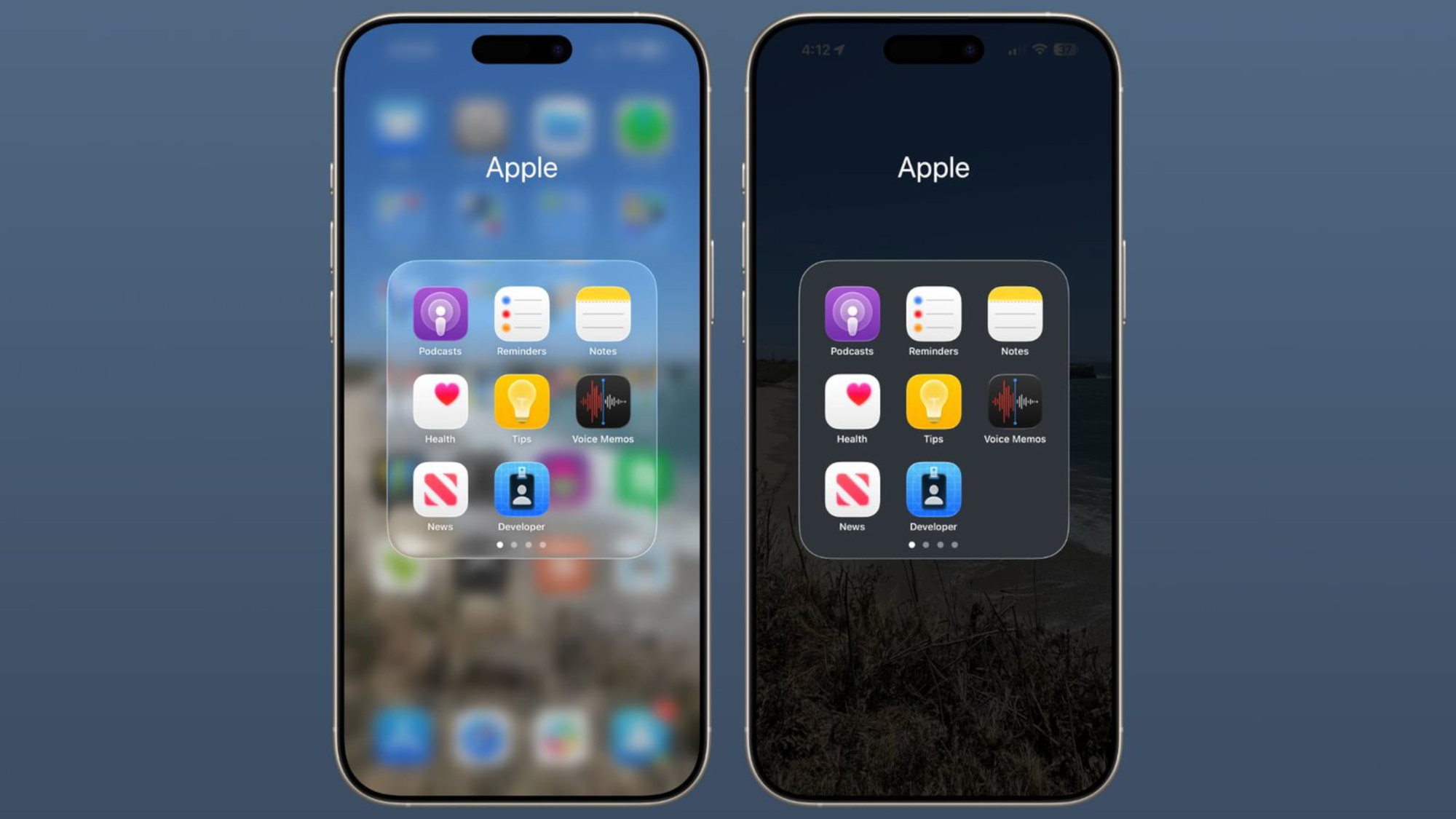 Dossier d'application iOS 26 avec activation et désactivation de la réduction de la transparence