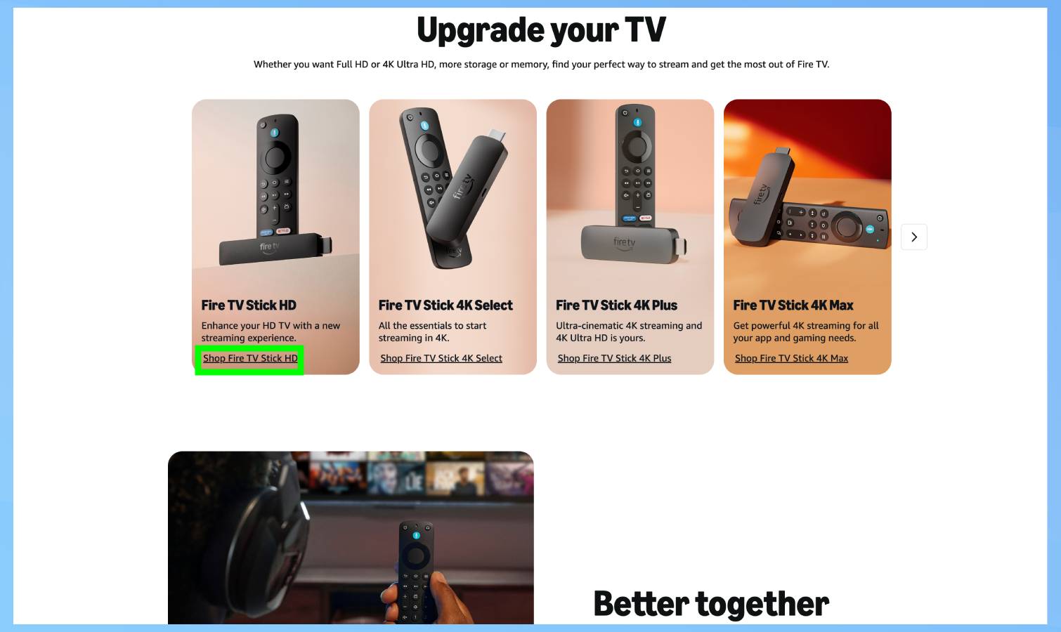 Amazon Fire Tv Stick HD mis en évidence sur la page produit