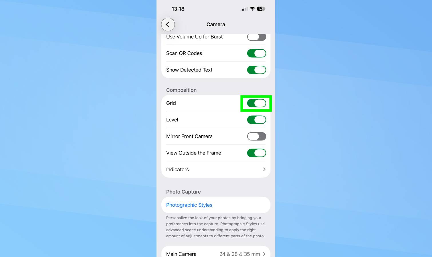 Grille mise en évidence dans les paramètres de l'appareil photo de l'iPhone