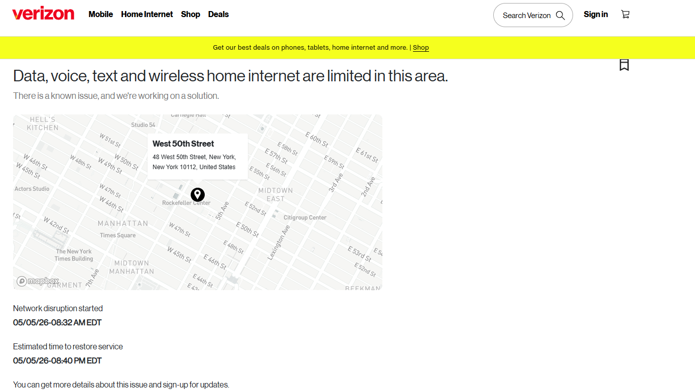 Site Web du vérificateur de statut Verizon