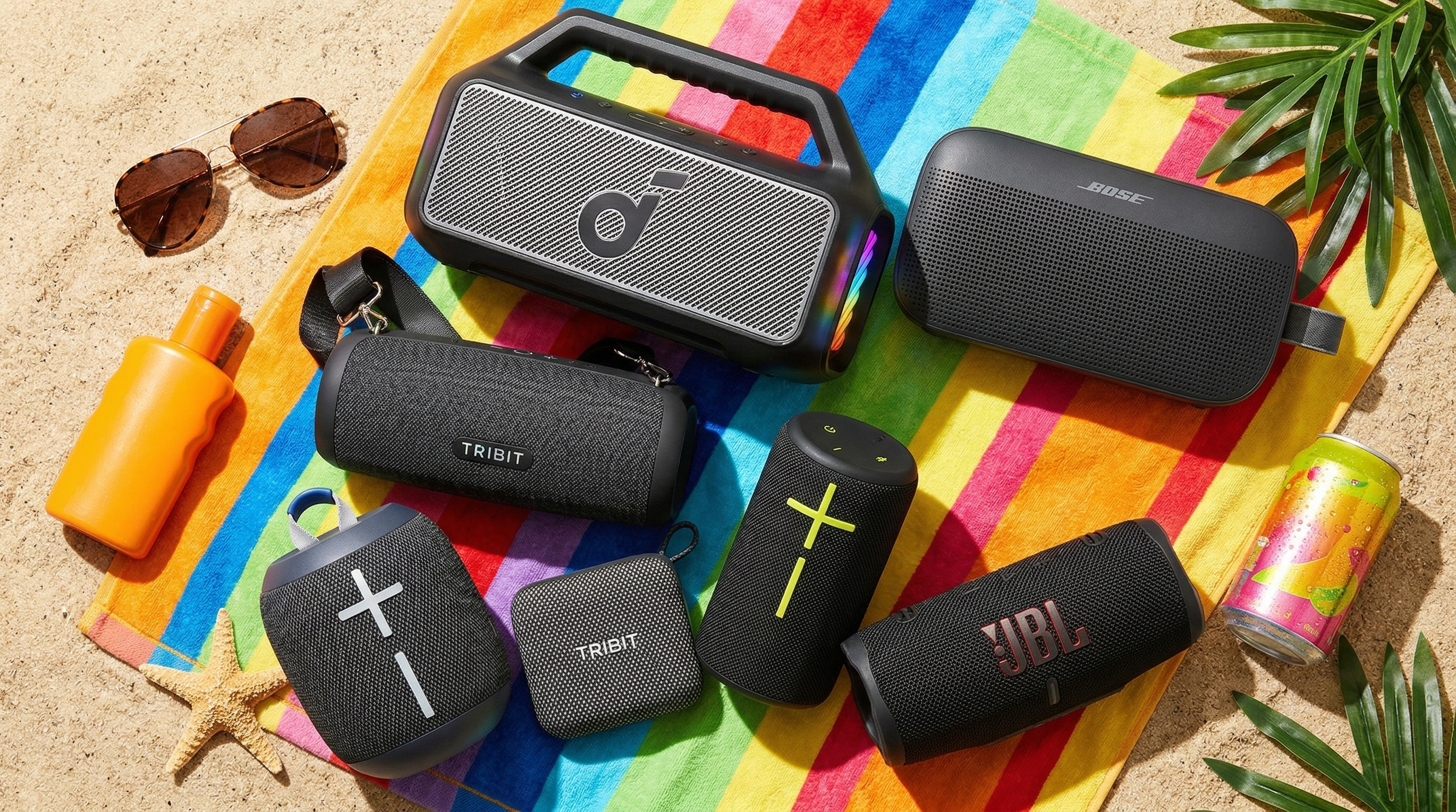 une image composite des haut-parleurs Bluetooth Soundcore Boom 2, Bose Soundlink Flex (2e génération), Tribit Stormbox Lava, Tribit PocketGo, Ultimate Ears Wonderboom 4, Ultimate Ears Everboom, Jbl Charge 6 créée à l'aide de l'IA