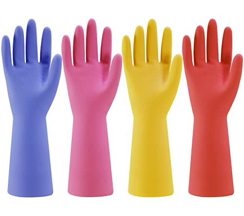 Gants de vaisselle de cuisine en caoutchouc – 4 paires de gants de nettoyage ménagers réutilisables colorés pour laver la vaisselle et les tâches de nettoyage, flexibles, durables et antidérapants (moyen, bleu + rose + jaune + rouge)