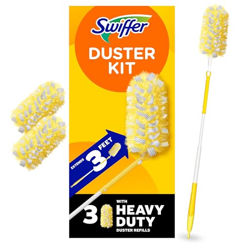 Kit de dépoussiérage Swiffer avec poignée extensible de 3 pieds, kit de démarrage pour dépoussiérage robuste avec 3 recharges, pour ventilateurs de plafond, évents et endroits difficiles d'accès