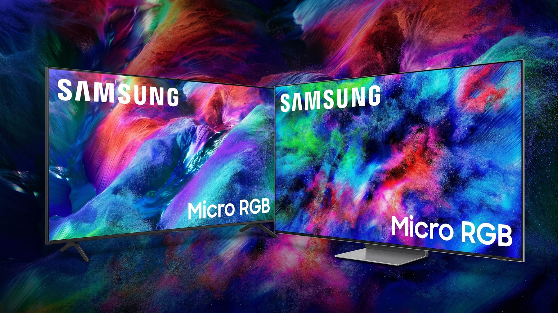 Deux téléviseurs Samsung Micro RGB sur fond coloré.