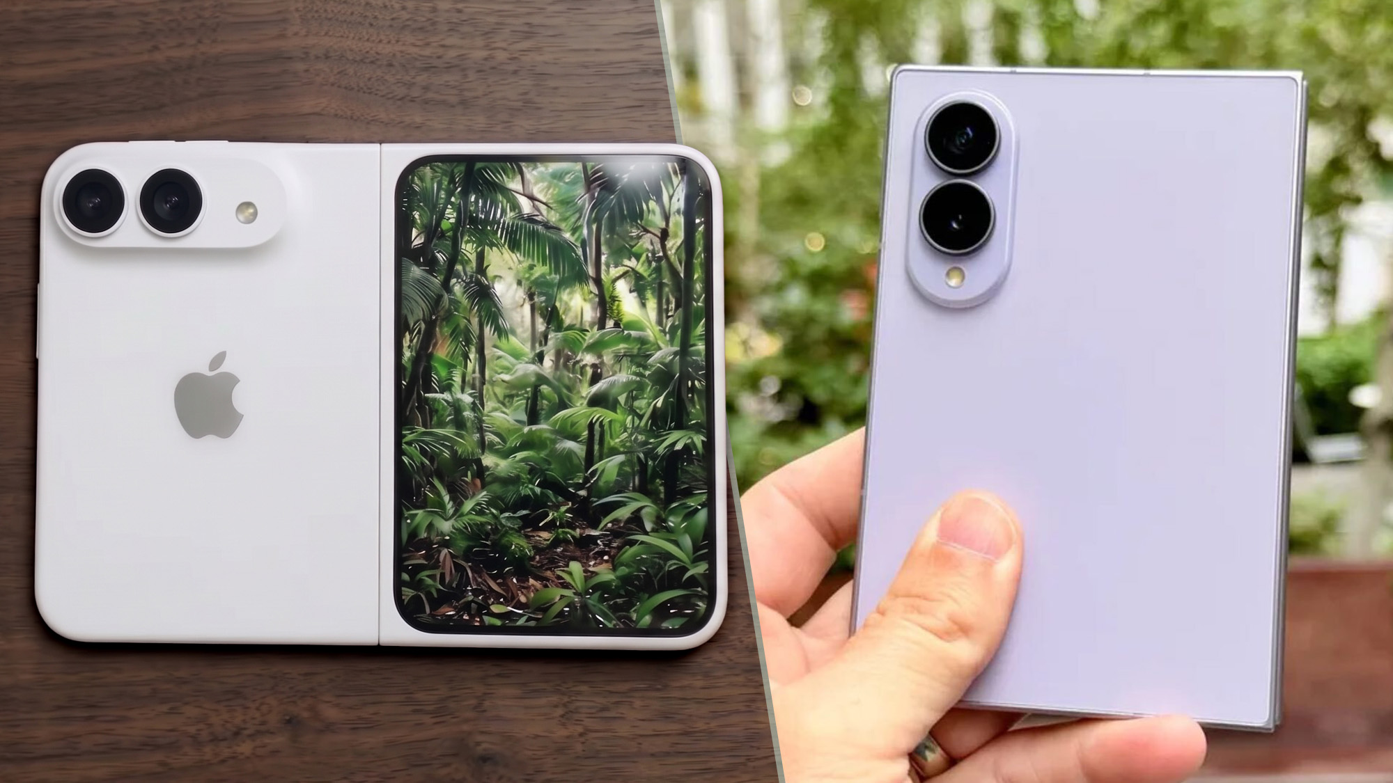 Art conceptuel pour un iPhone pliable et le Galaxy Z Fold 8 montré en main