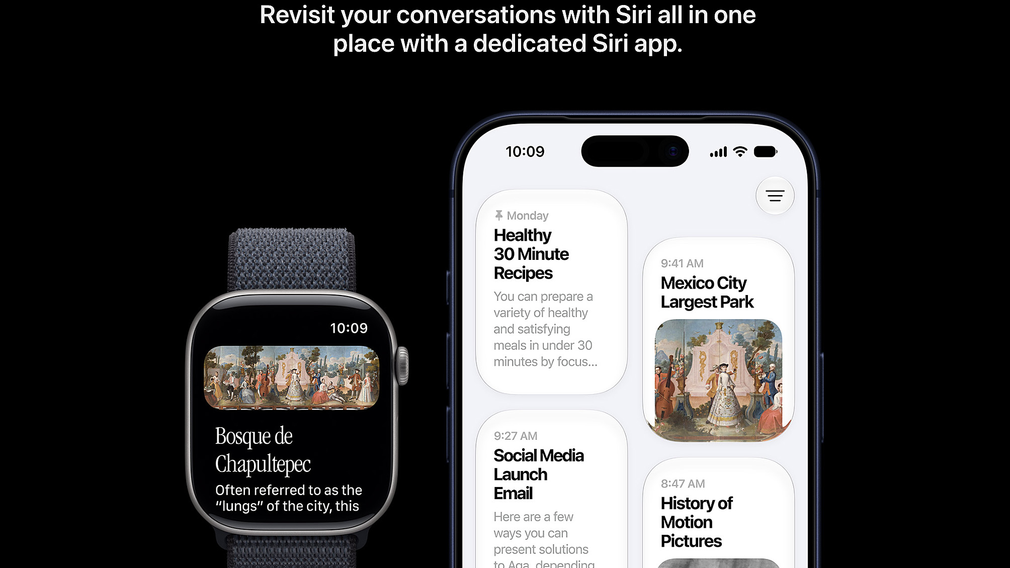 Gros plan d'un iPhone et d'une Apple Watch montrant une conversation continue avec Siri AI