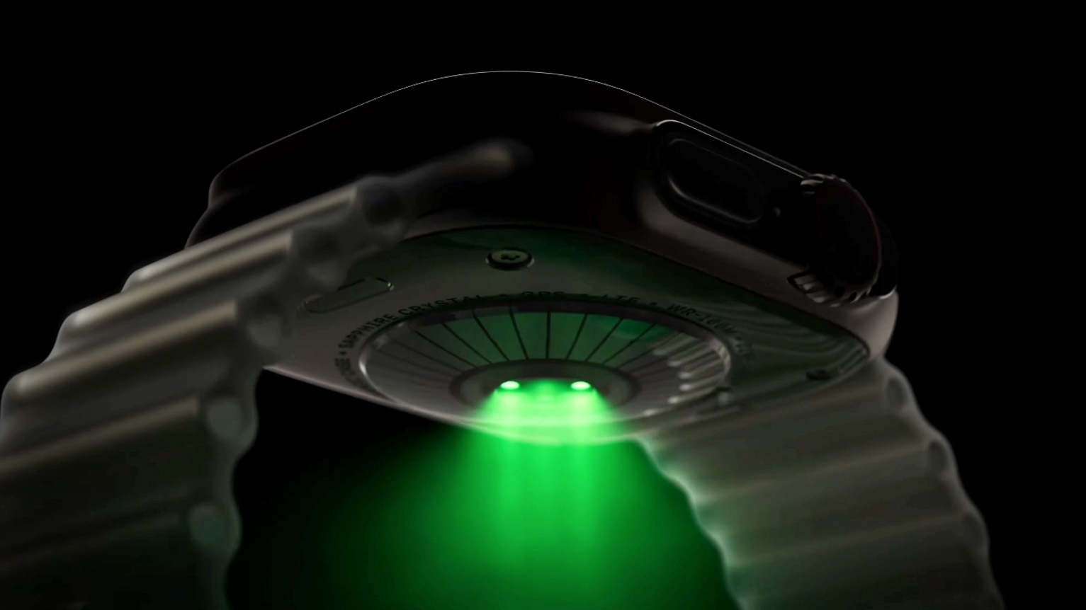Gros plan de l'Apple Watch Ultra 4 montrant les nouveaux capteurs de santé LED