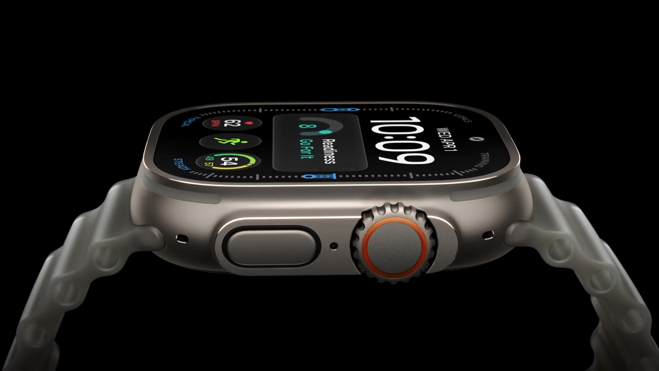 Gros plan sur le profil latéral de l'Apple Watch Ultra 4