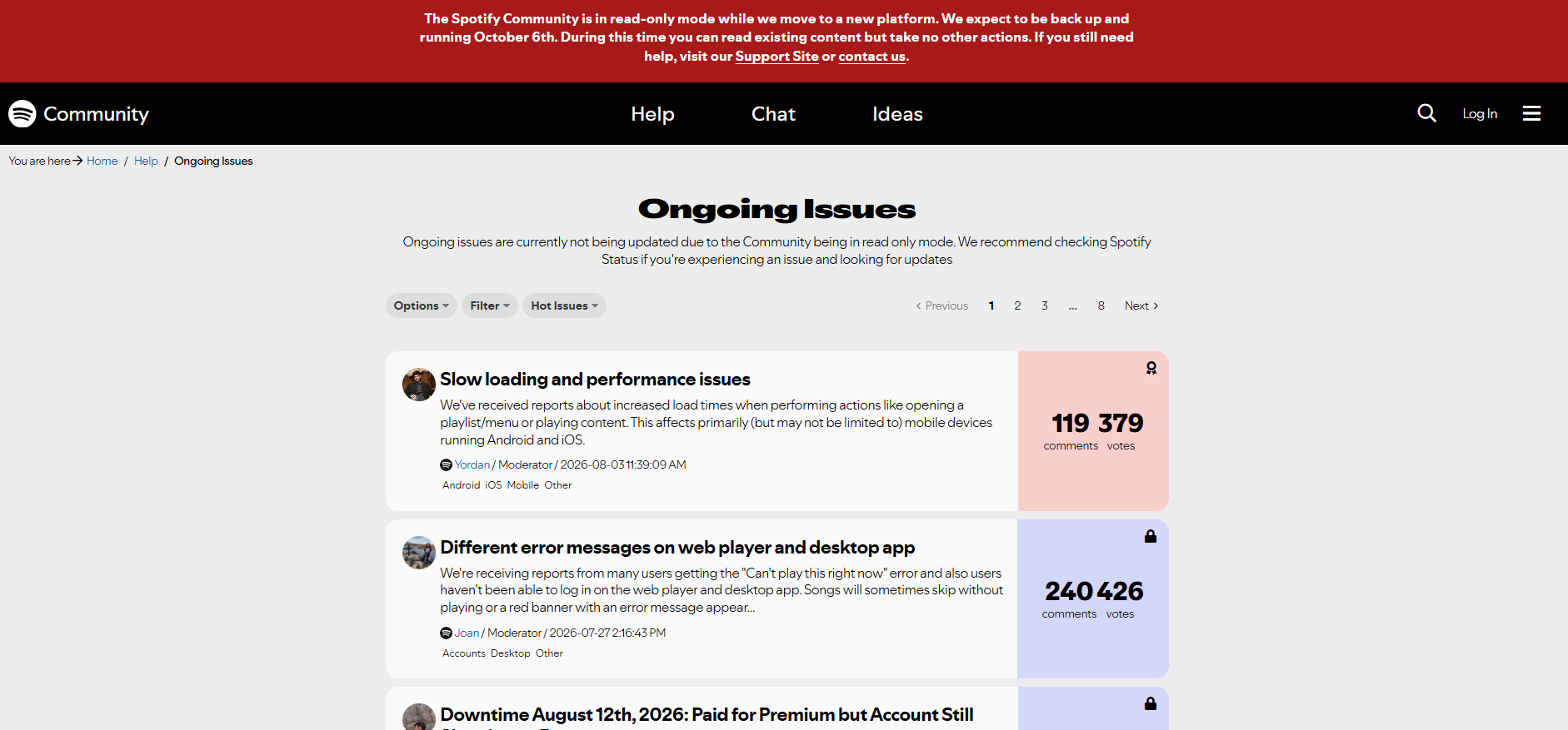 Page des problèmes persistants de Spotify