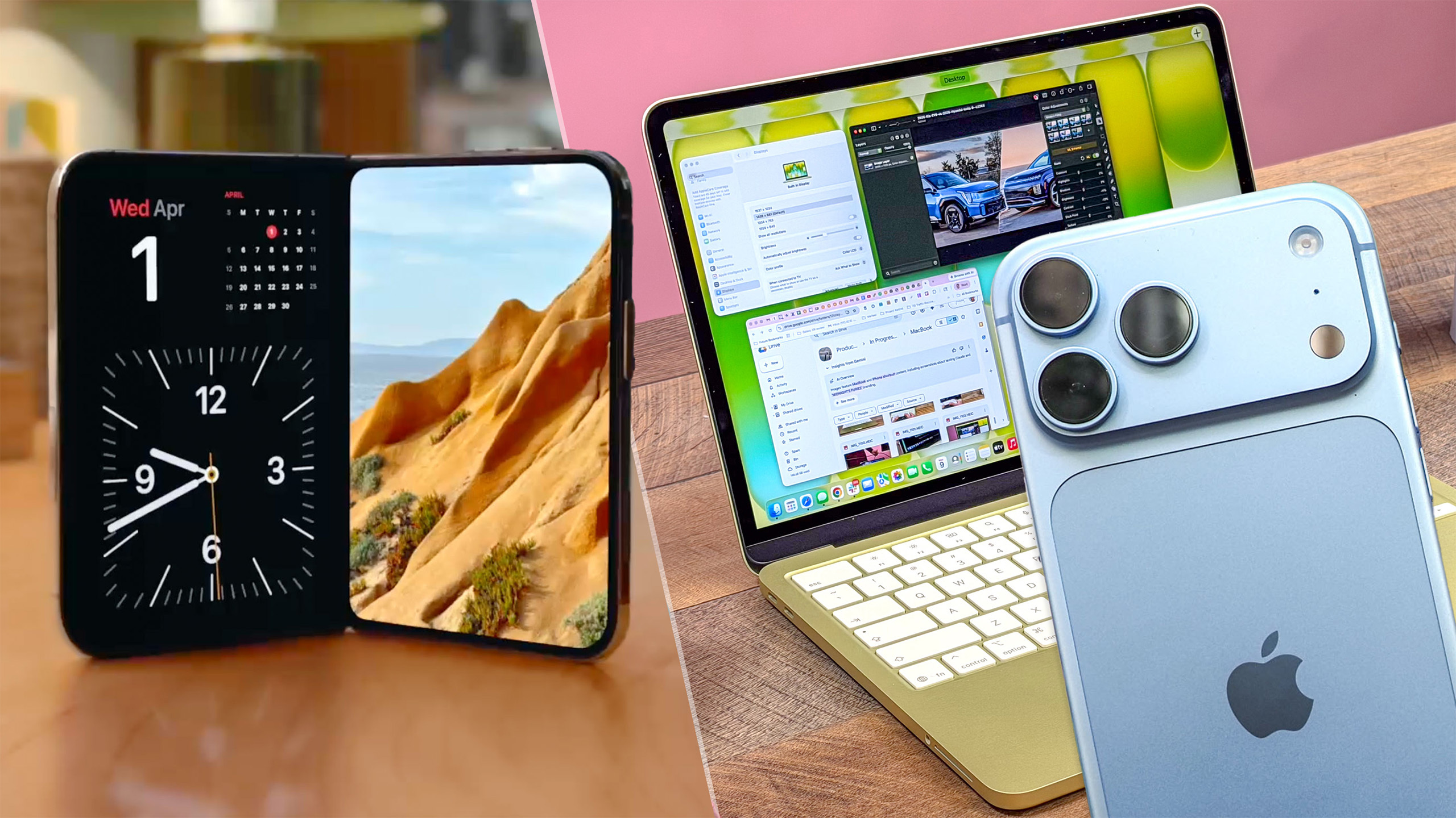 L'iPhone Duo à gauche et un iPhone 18 Pro Max et un MacBook Neo à droite